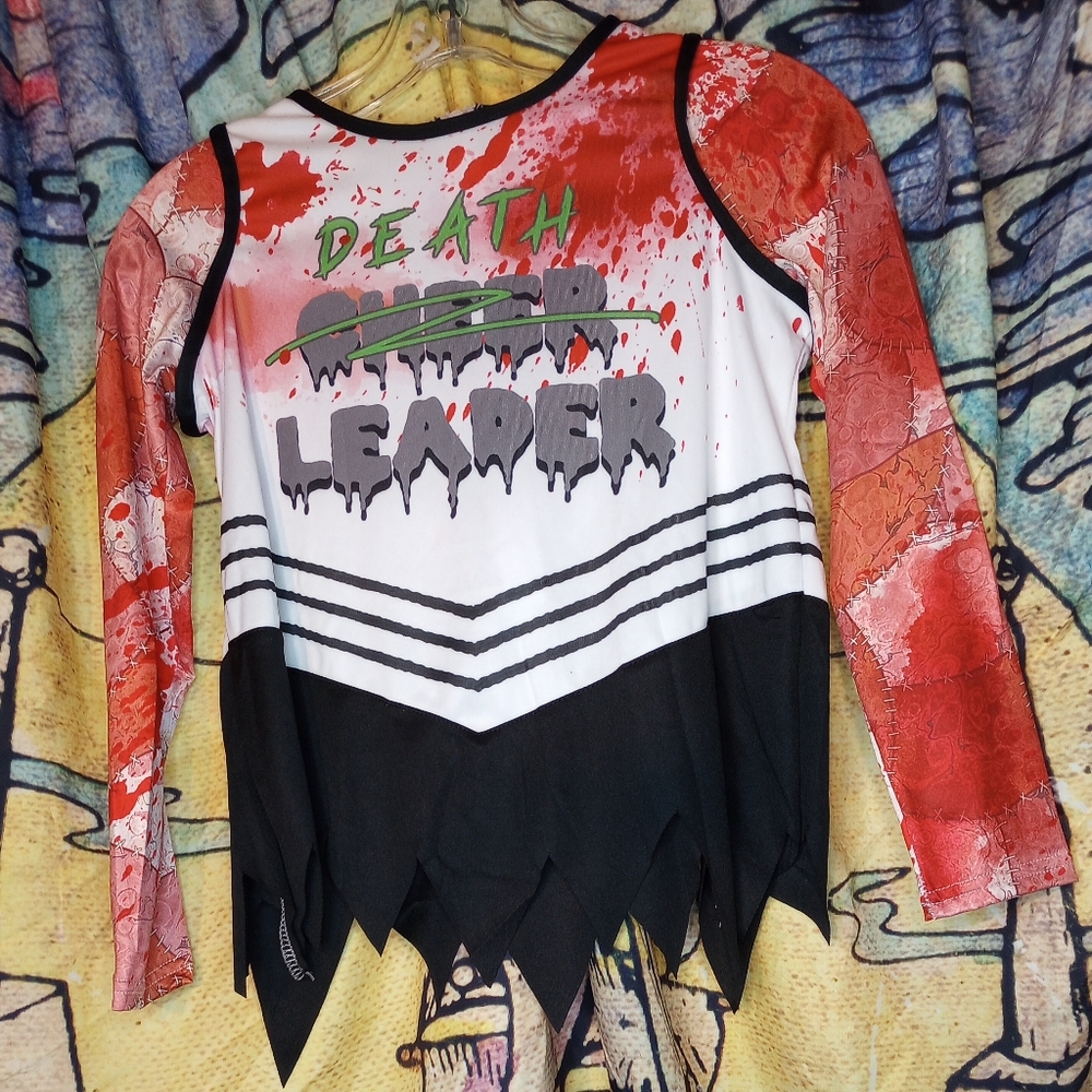 NIP Girls Zombie Death Cheerleader Costume Top Skirt Pom Poms Rotting Tights L